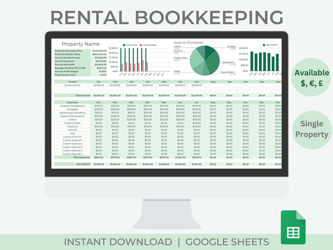 Rental Bookkeeping Spreadsheet Rental & Expense Rental Management Property Portfolio