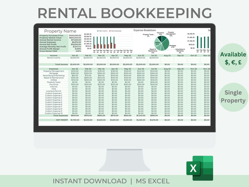Rental Bookkeeping Spreadsheet Rental Income &amp; Expense Rental ...