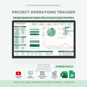 May include: A digital project operations tracker for Microsoft Excel and Google Sheets displayed on a computer monitor. The dashboard features financial summaries, pie charts, bar graphs, and transaction history tables in shades of green and white.