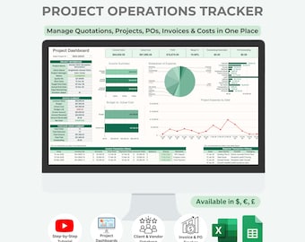 May include: A digital project operations tracker for Microsoft Excel and Google Sheets displayed on a computer monitor. The dashboard features financial summaries, pie charts, bar graphs, and transaction history tables in shades of green and white.