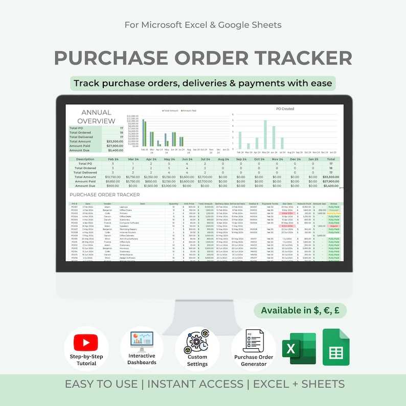 Purchase Order Tracker Spreadsheet | Excel & Google Sheets (digital ...