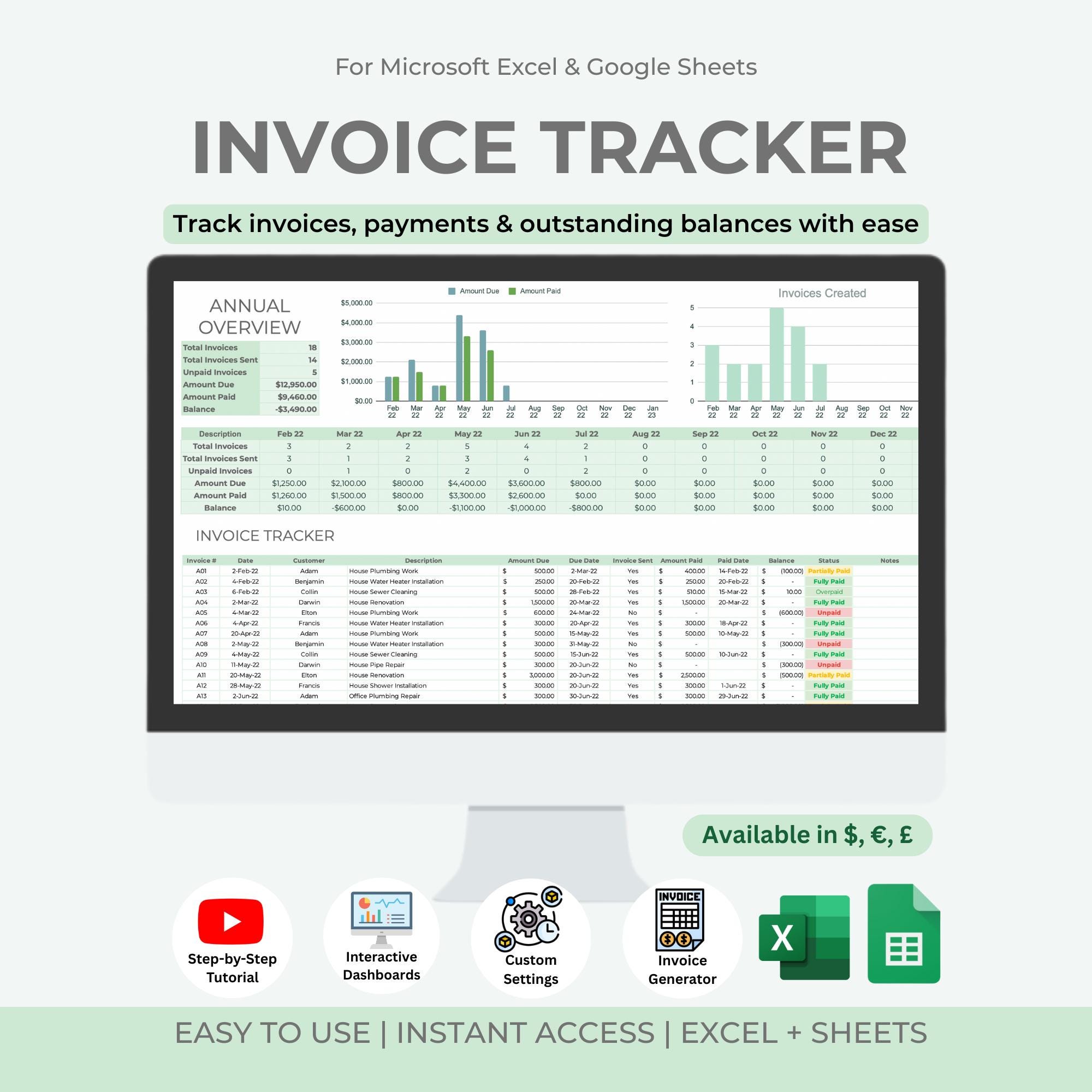 Invoice Tracker Spreadsheet | Excel & Google Sheets Template - Etsy