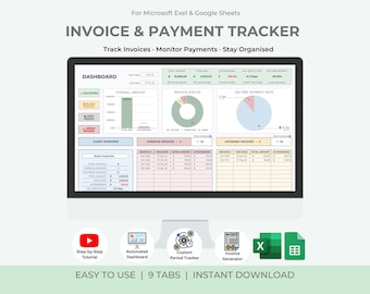 May include: A computer monitor displays an invoice and payment tracker dashboard. The screen shows charts, graphs, and data tables. Text on the screen includes "Invoice & Payment Tracker", "Track Invoices", and "Monitor Payments". Icons for Excel and Google Sheets are also visible.