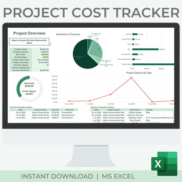 Project Cost Tracker | Project Management | Bookkeeping | Excel