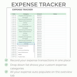 May include: A green and white spreadsheet with the title "Expense Tracker". The spreadsheet has columns for date, category, amount, and notes. The spreadsheet is filled with sample expense data.