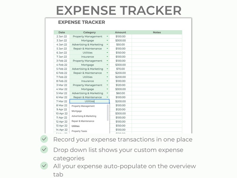 May include: A green and white spreadsheet with the title "Expense Tracker". The spreadsheet has columns for date, category, amount, and notes. The spreadsheet is filled with sample expense data.