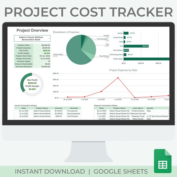 Project Cost Tracker | Project Management | Bookkeeping | Google Sheets