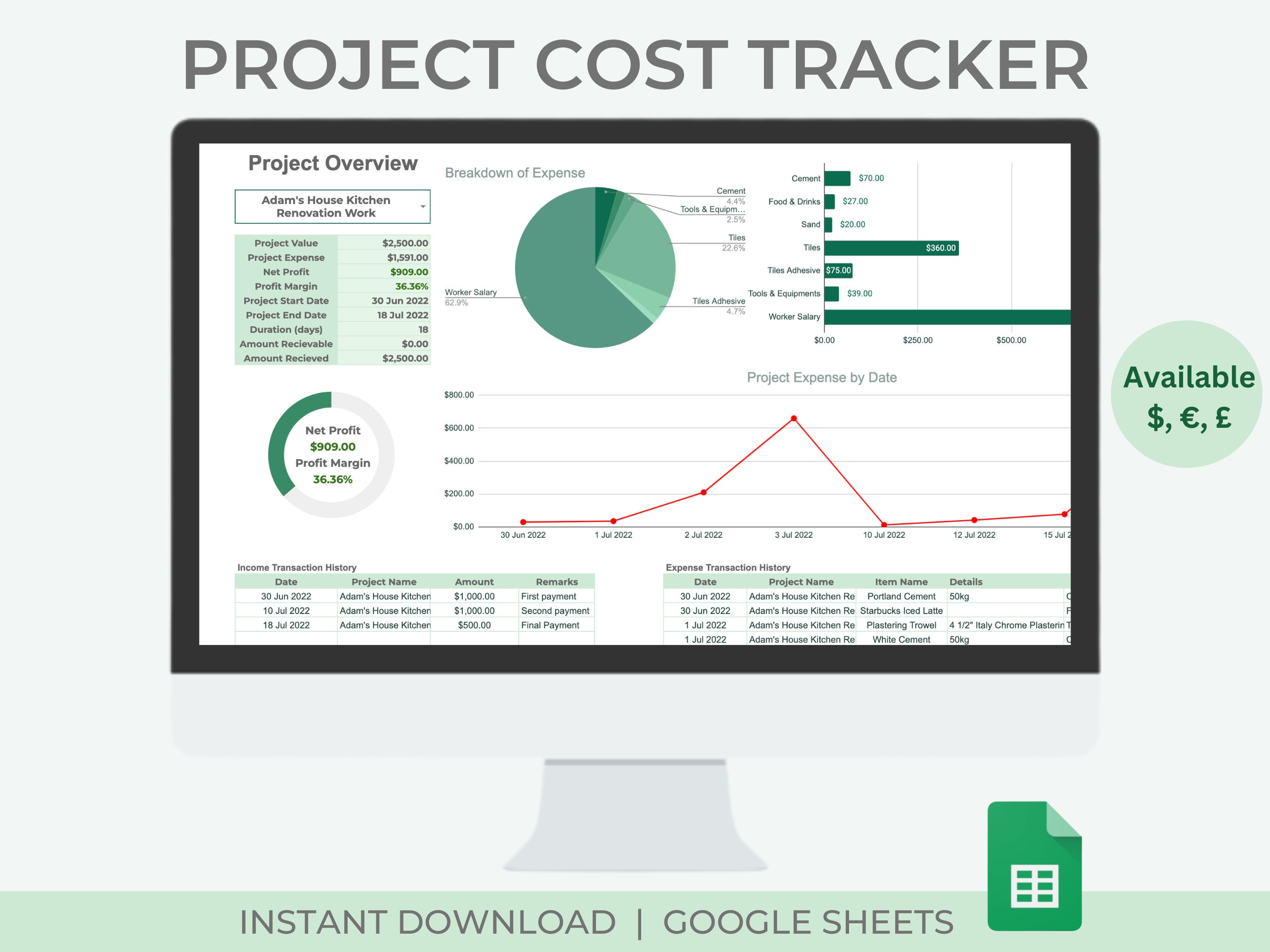Project Cost Tracker Project Management Bookkeeping Google Sheets Etsy