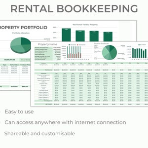 May include: A green and white spreadsheet with the title "Rental Bookkeeping" and a section titled "Property Portfolio". The spreadsheet includes a pie chart showing portfolio allocation, a table with property details, and a graph showing net rental yield by property.