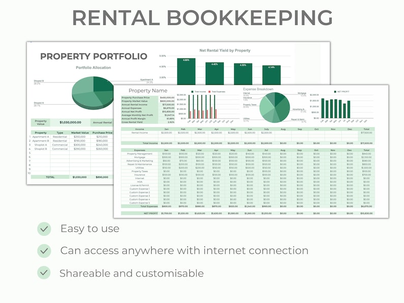 May include: A green and white spreadsheet with the title "Rental Bookkeeping" and a section titled "Property Portfolio". The spreadsheet includes a pie chart showing portfolio allocation, a table with property details, and a graph showing net rental yield by property.