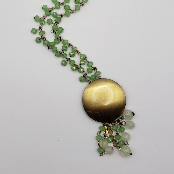 Golden Disc with Green Beaded Chain Reimagined Statement Necklace, Recycled Necklace, Reimagined Necklace
