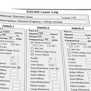 Digital bearbeitbare PDF's Logbuch Laserbibliothek Materialeinstellungen für Lightburn/EZ CAD-Notes Datei - Bearbeiten und Drucken - ein Muss für alle Gravurbearbeiter!