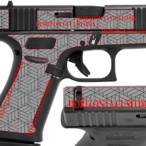 May include: A black and gray geometric patterned gun grip skin with the text "HORIZON FACUSTOMS" repeated on the skin.