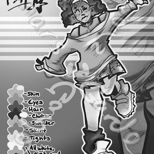 May include: A black and white character reference sheet featuring a figure named Kippy with curly hair, star-patterned skirt, and platform shoes. The illustration includes a color palette guide with star-shaped swatches and text labels for skin, eyes, hair, choker, sweater, skirt, and tights, noting white, pink, and purple colors.