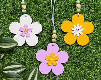 Wood Flower Ornament Set of 3, Handmade Colorful Spring Tree Decor