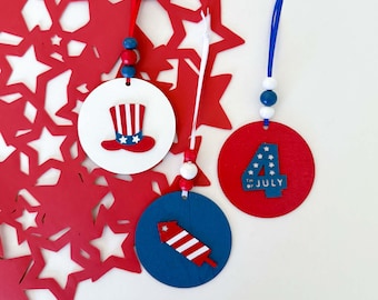 4th of July Ornament Set of 3, Patriotic Tree Decor, Red White Blue