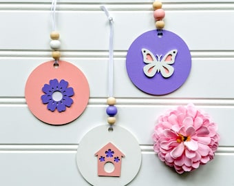Handmade Spring Ornament Set, Wood Butterfly Flower Birdhouse Decor