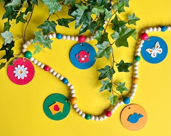 Spring Garden Garland, Handmade Colorful Wood Bead Mantel Decor