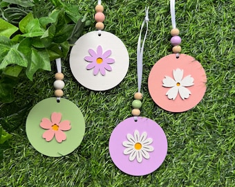 Wood Flower Ornaments, Handmade Spring Decor, Seasonal Ornament Set of 4