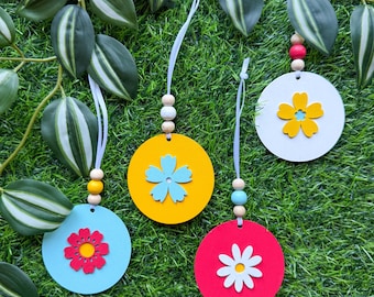 Wood Flower Ornaments, Handmade Summer Decor, Seasonal Ornament Set of 4