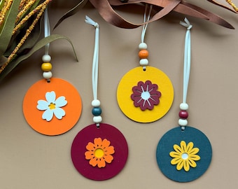 Wood Flower Ornaments, Handmade Fall Decor, Seasonal Ornament Set of 4