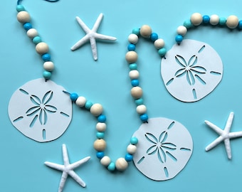 Sand Dollar Garland, Coastal Wood Bead Mantel Decor, Beach House