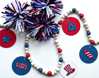 4th of July Wood Bead Garland, Handmade Patriotic Home Decor