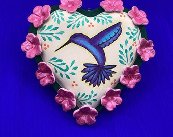 Heart sculpture ceramic wall art. Hummingbird heart , folk art pottery