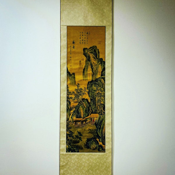 Chinese Scroll Painting: Majestic High Mountains & Serene Waterfalls