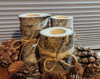 Individual, Rustic, All Natural, White Paper Birch Wood, Pillar Style, Tea/Votive Candle Holders