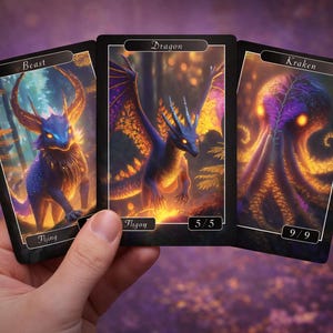 Könnte beinhalten: Drei Fantasy-Art-Karten mit einem Biest, einem Drachen und einem Kraken. Die Karten haben schwarze Ränder und enthalten die Namen der Kreaturen. Die Drachenkarte zeigt eine Bewertung von 5/5. Die Krakenkarte zeigt eine Bewertung von 9/9.