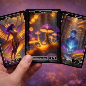 Könnte beinhalten: Drei Fantasy-Art-Karten werden in einer Hand gehalten. Die Karten zeigen Illustrationen eines Engels, eines Pilzes und eines Geistes. Die Engelskarte zeigt eine Figur mit goldenen Flügeln. Die Pilzkarte zeigt leuchtende Pilze. Die Geisterkarte zeigt eine Figur mit leuchtend blauen Augen.