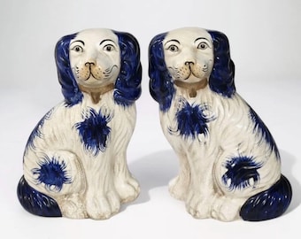 Figuritas de cerámica de Shaffordshire para parejas de perros, spaniel, azul y blanco, sujetalibros, estantería