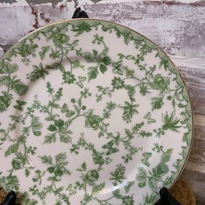 May include: A white ceramic plate with a green floral pattern and a gold rim. The plate features a detailed design of leaves and flowers, with a green border. The plate is displayed on a black stand.