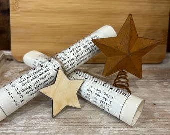 music hymn pages, rustic star, tree ornaments, mini tree decor, vintage music pages