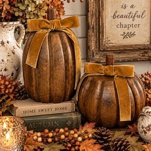 May include: Two dark brown wooden pumpkins with vertical ridges, each adorned with a mustard-colored velvet ribbon tied in a bow around the stem. The pumpkins are displayed alongside books labeled HOME SWEET HOME and AUTUMN, and a framed sign.