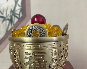 3-piece set Brass Wealth Bowl Feng Shui Coin Decor Decorations Treasure Basin Decoration Home Ornament Gift.