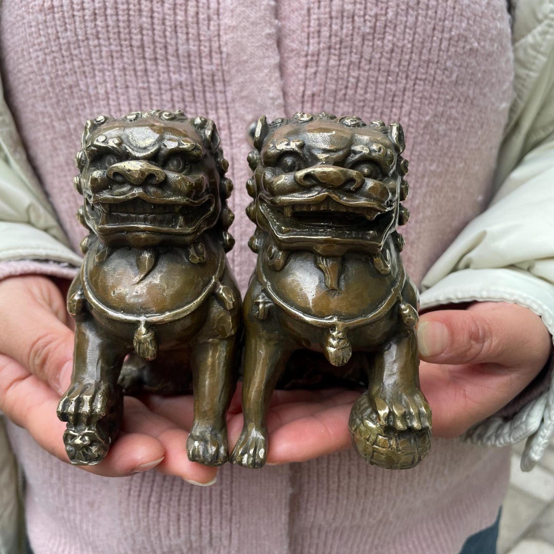 A Pair Vintage Copper Evil Fu Foo Dog Lion Statue,antiques Chinese ...