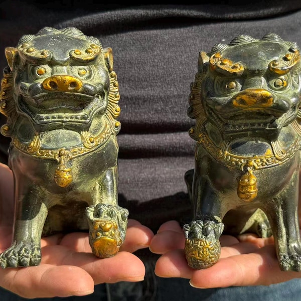 Pair Vintage Copper Evil Fu Foo Dog Lion Statue,Old Antiques Chinese Bronze Fu Foo Dog Guardian Beijing Lion Statues, Marked FengShui wealth
