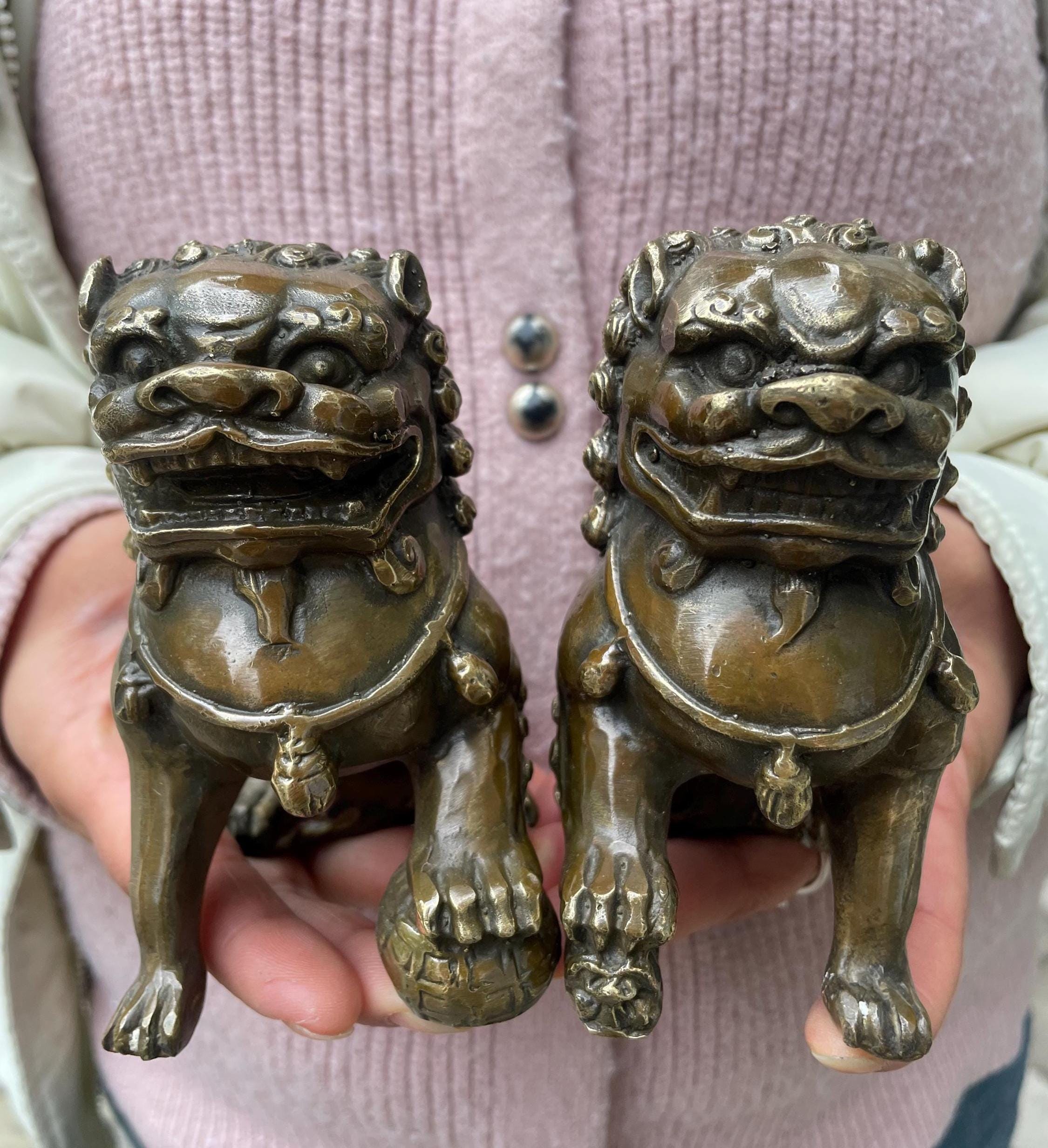 A Pair Vintage Copper Evil Fu Foo Dog Lion Statue,antiques Chinese ...