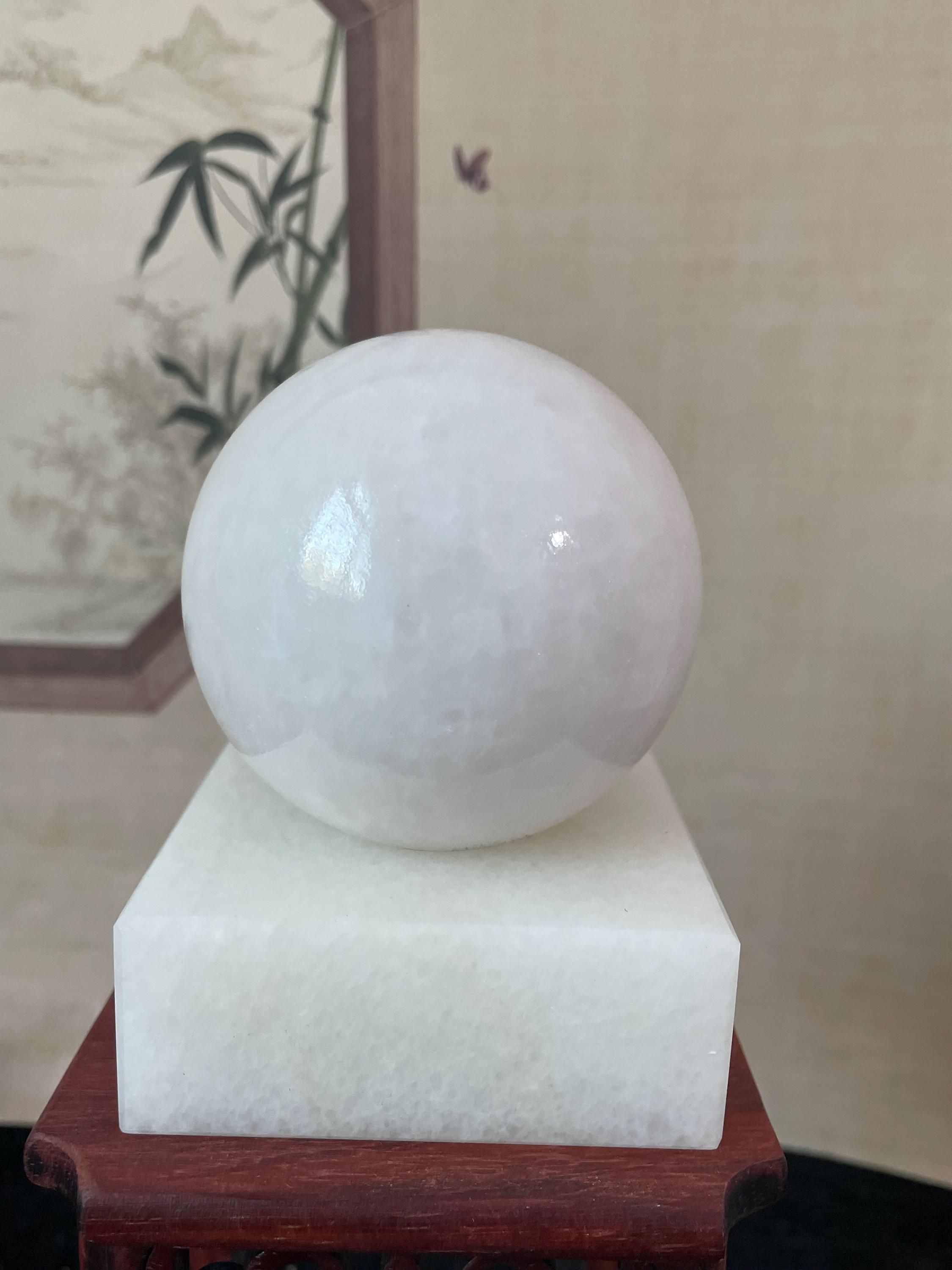 白翡翠 球体 約20cm 天然石 ホワイトジェイド 丸玉 台座付き インテリア Natural White Jade Stone Sphere Ball With Base Quartz Crystal Ball