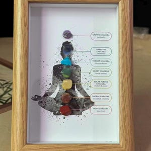May include: A framed print in a light wood frame featuring a black watercolor silhouette of a person in a seated meditation pose. Seven colorful stones are attached vertically along the center, labeled with text including Crown, Third Eye, Throat, Heart, Solar Plexus, Sacral, and Root Chackra.