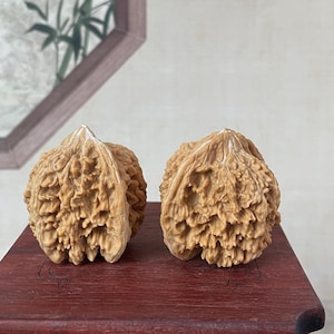 Puede incluir: Dos nueces de color marrón claro con superficies texturizadas se muestran una al lado de la otra. Las nueces descansan sobre una superficie de madera roja oscura. El fondo presenta una obra de arte enmarcada con un diseño inspirado en la naturaleza.