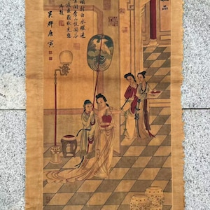 Signerad asiatisk oraramad akvarell målning av forntida orientaliska skönheter, ramlös tavla kärna av forntida målningar heminredning.