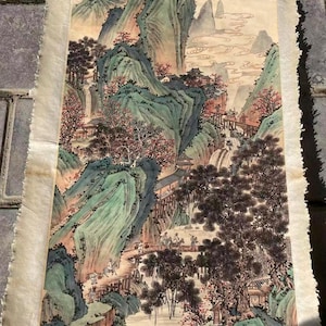 Acuarela firmada, sin marco, de paisaje oriental antiguo, cuadro antiguo sin marco, decoración del hogar.