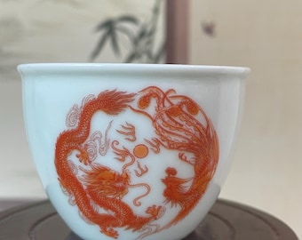 Hand-Painted Dragon and Phoenix Teacup Ceramic Gongfu Tea Cup, Chinese Style Coffee Mug tea cup Porcelain .