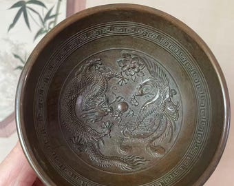 Good Lucky Dragon and Phoenix Bowl, Retro Copper Feng shui Bowl, Wealth blessing Bowl, Decorations Treasure Basin home decor ornament .
