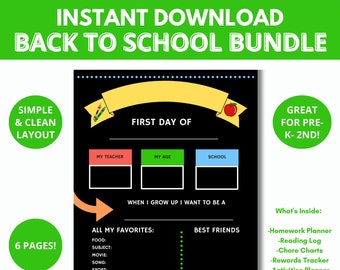 Letrero de regreso a clases, paquete con planificador de tareas, planificador de actividades, registro de lectura en PDF, tabla de tareas y seguimiento de recompensas