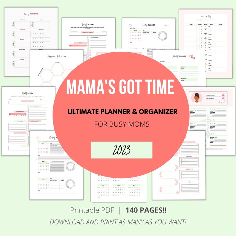 Puede incluir: Un planificador y organizador imprimible rosa y blanco para mam&aacute;s ocupadas. La portada presenta el texto "Mama's Got Time" y "Ultimate Planner & Organizer for Busy Moms". El a&ntilde;o 2023 est&aacute; resaltado en un cuadro rosa. El texto "Printable PDF | 140 Pages!! Download and print as many as you want!" est&aacute; en la parte inferior de la imagen.