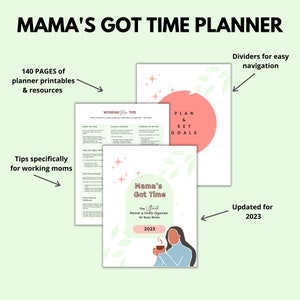 Puede incluir: Un planificador y organizador familiar imprimible para mam&aacute;s ocupadas. La portada presenta un c&iacute;rculo rosa con el texto "Planificar y establecer objetivos" y una mujer tomando caf&eacute;. El planificador est&aacute; actualizado para 2023 e incluye 140 p&aacute;ginas de recursos imprimibles y consejos para las mam&aacute;s que trabajan.